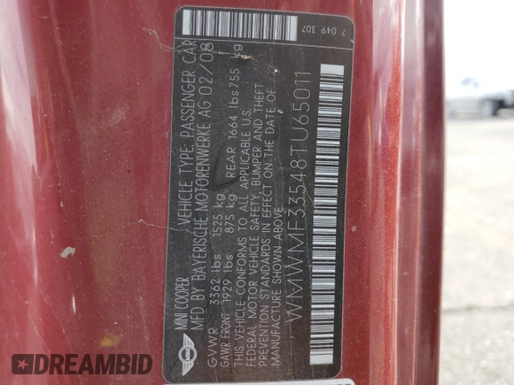 2008 MINI Hardtop with VIN WMWMF33548TU65011, listed as a Copart auction lot 82175524 with 197,702 mi miles and Salvage title. Bid and sale history available at DreamBid. Image 15.