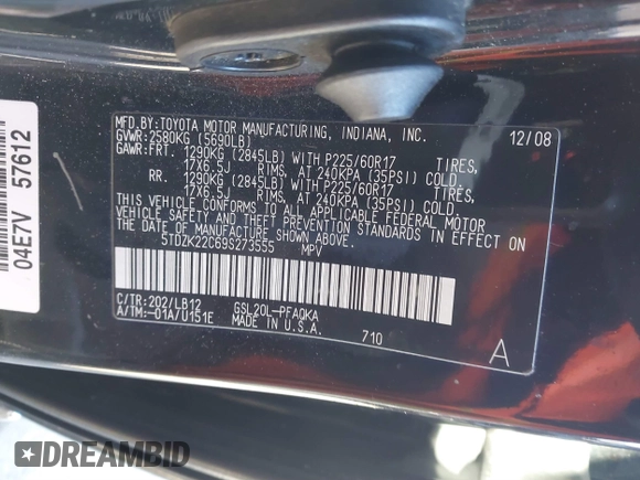 2009 Toyota Sienna XLE with VIN 5TDZK22C69S273555, listed as a IAAI auction lot 41276221 with 129,160 mi miles and . Bid and sale history available at DreamBid. Image 9.