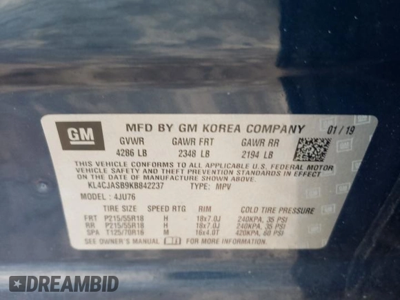 2019 Buick Encore Preferred with VIN KL4CJASB9KB842237, listed as a Copart auction lot 43444595 with Not Provided miles and Salvage Title. Bid and sale history available at DreamBid. Image 14.