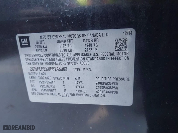 2015 Chevrolet Equinox LT with VIN 2GNFLFEK8F6246963, listed as a IAAI auction lot 41691973 with 195,026 mi miles. Bid and sale history available at carsss.com. Image 9.