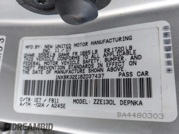2008 Toyota Corolla CE with VIN 1NXBR32E18Z037437, listed as a IAAI auction lot 42044387 with 127,116 mi miles and . Bid and sale history available at DreamBid. Image 9.