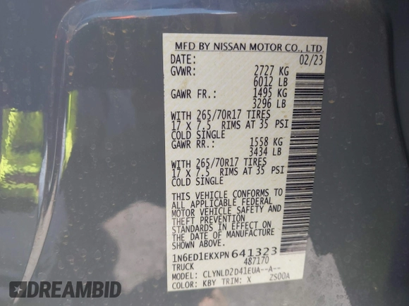 2023 Nissan Frontier Pro-4X z VIN 1N6ED1EKXPN641323, wystawiony jako IAAI lot #42227180 z przebiegiem 25 199 mil mil oraz . Historia ofert i sprzedaży dostępna na DreamBid. Obrazek 9.