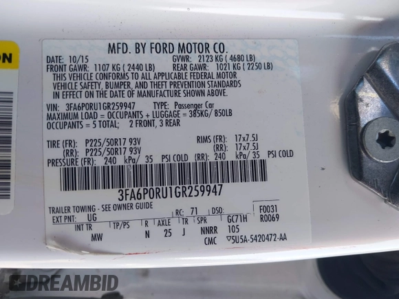 2016 Ford Fusion Titanium Hybrid with VIN 3FA6P0RU1GR259947, listed as a IAAI auction lot 41695377 with 97,605 mi miles. Bid and sale history available at carsss.com. Image 9.