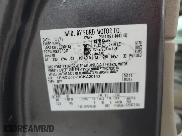 2012 Ford Escape XLT with VIN 1FMCU0D73CKA20143, listed as a Copart auction lot 63111075 with 136,942 mi miles and Salvage title. Bid and sale history available at DreamBid. Image 14.