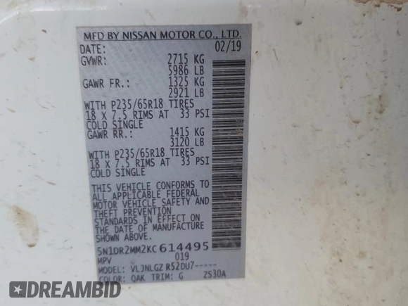 2019 Nissan Pathfinder S with VIN 5N1DR2MM2KC614495, listed as a Copart auction lot 48253175 with 124,832 mi miles and Salvage title. Bid and sale history available at DreamBid. Image 14.