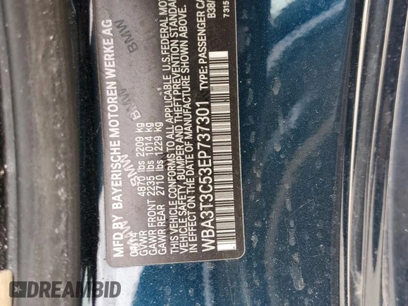 2014 BMW 4 Series 435i with VIN WBA3T3C53EP737301, listed as a Copart auction lot 57352985 with Not provided miles and Salvage title. Bid and sale history available at DreamBid. Image 12.