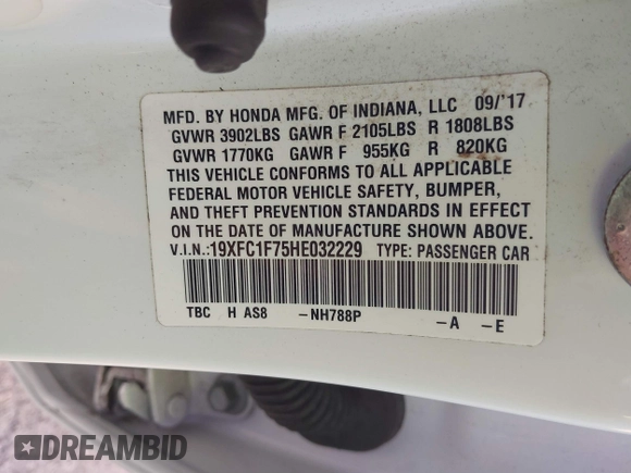 2017 Honda Civic Sedan EX-L with VIN 19XFC1F75HE032229, listed as a IAAI auction lot 41456959 with 137,386 mi miles. Bid and sale history available at carsss.com. Image 9.