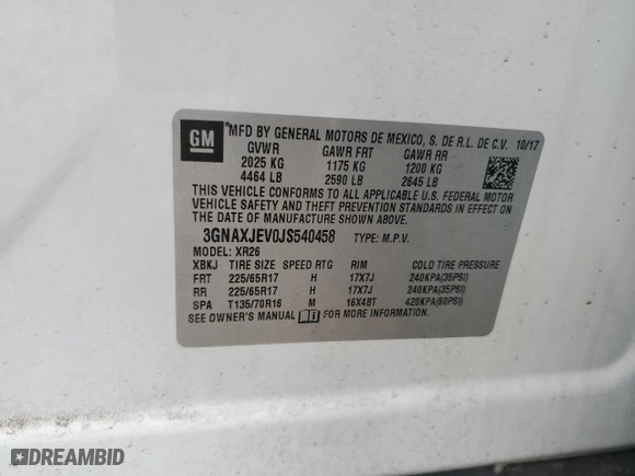 2018 Chevrolet Equinox LT with VIN 3GNAXJEV0JS540458, listed as a Copart auction lot 47945405 with 232,050 mi miles and Salvage Title. Bid and sale history available at carsss.com. Image 15.