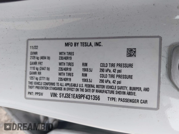 2023 Tesla Model 3 z VIN 5YJ3E1EA9PF431356, wystawiony jako IAAI lot #42620155 z przebiegiem 101 626 mil mil oraz . Historia ofert i sprzedaży dostępna na DreamBid. Obrazek 9.