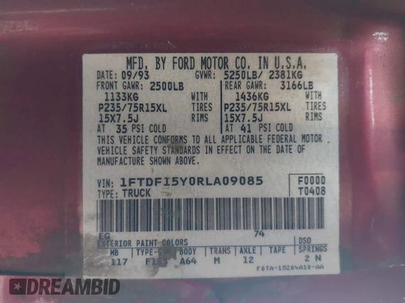 1994 Ford F-150 with VIN 1FTDF15Y0RLA09085, listed as a IAAI auction lot 42381949 with Not provided miles and . Bid and sale history available at DreamBid. Image 9.