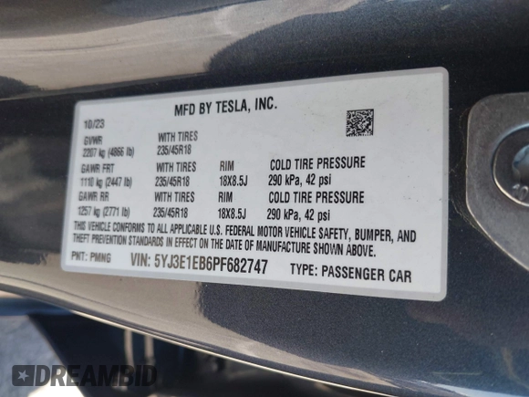 2023 Tesla Model 3 Long Range with VIN 5YJ3E1EB6PF682747, listed as a IAAI auction lot 41980506 with 32,541 mi miles and . Bid and sale history available at DreamBid. Image 9.