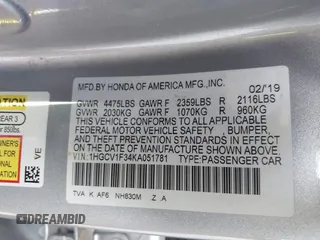 2019 Honda Accord Sedan Sport 1.5T with VIN 1HGCV1F34KA051781, listed as a IAAI auction lot 41829995 with 112,259 mi miles. Bid and sale history available at carsss.com. Image 9.