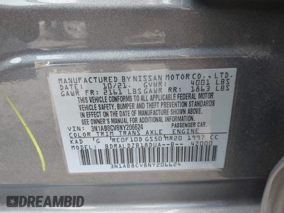 2022 Nissan Sentra SV with VIN 3N1AB8CV8NY206624, listed as a IAAI auction lot 41827642 with 24,455 mi miles and . Bid and sale history available at DreamBid. Image 9.