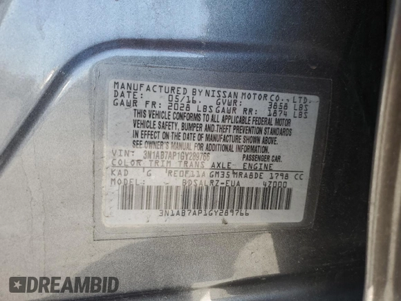 2016 Nissan Sentra SV with VIN 3N1AB7AP1GY289766, listed as a Copart auction lot 48529865 with 106,726 mi miles and Salvage Title. Bid and sale history available at DreamBid. Image 12.