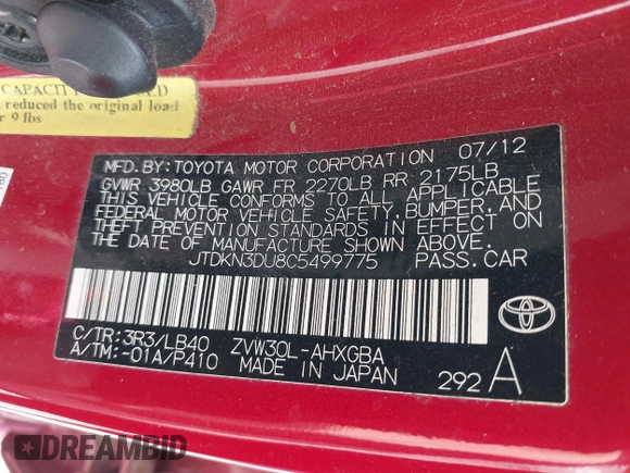 2012 Toyota Prius One with VIN JTDKN3DU8C5499775, listed as a IAAI auction lot 42065022 with 104,499 mi miles and . Bid and sale history available at carsss.com. Image 9.