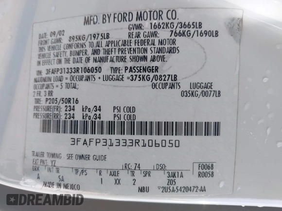 2003 Ford Focus ZX3 с VIN 3FAFP31333R106050, выставлен на аукционе IAAI как лот 41659209 с пробегом 116 753 миль миль и . История ставок и продаж доступна на DreamBid. Изображение 9.