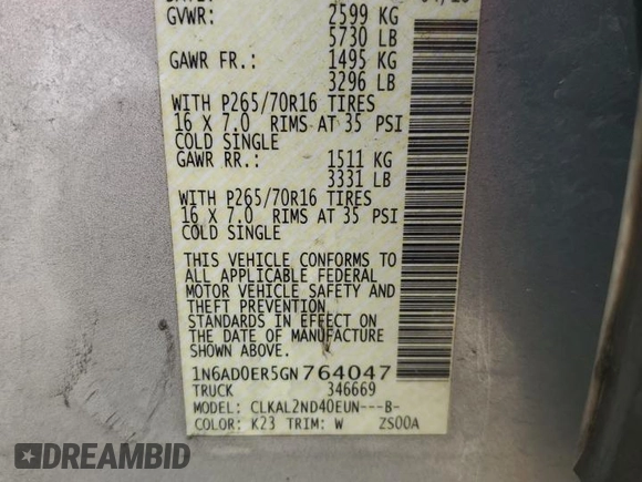 2016 Nissan Frontier SV z VIN 1N6AD0ER5GN764047, wystawiony jako Copart lot #57526995 z przebiegiem 152 487 mil mil oraz Szkody całkowita. Historia ofert i sprzedaży dostępna na DreamBid. Obrazek 13.