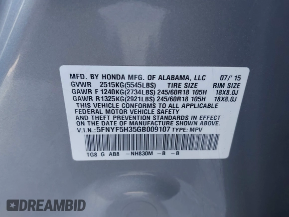 2016 Honda Pilot EX with VIN 5FNYF5H35GB009107, listed as a IAAI auction lot 41753477 with 93,677 mi miles. Bid and sale history available at carsss.com. Image 9.