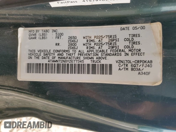 2000 Toyota Tacoma with VIN 4TAWN72N8YZ677345, listed as a Copart auction lot 61096865 with 217,590 mi miles and Clean title. Bid and sale history available at DreamBid. Image 12.
