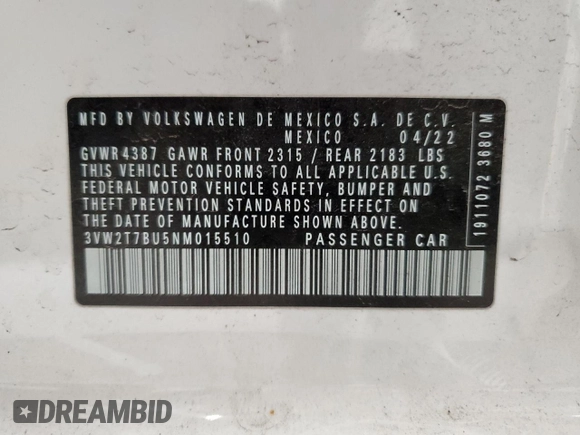 2022 Volkswagen Jetta GLI Autobahn with VIN 3VW2T7BU5NM015510, listed as a Copart auction lot 74180584 with 29,147 mi miles and Non repairable. Bid and sale history available at DreamBid. Image 14.