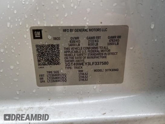 2020 GMC Sierra 3500HD Denali z VIN 1GT49WEY3LF337580, wystawiony jako Copart lot #43259415 z przebiegiem 68 334 mil mil oraz Czysty tytuł • Clean title. Historia ofert i sprzedaży dostępna na DreamBid. Obrazek 10.