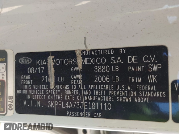 2018 Kia Forte LX with VIN 3KPFL4A73JE181110, listed as a IAAI auction lot 41820802 with 108,011 mi miles. Bid and sale history available at carsss.com. Image 9.