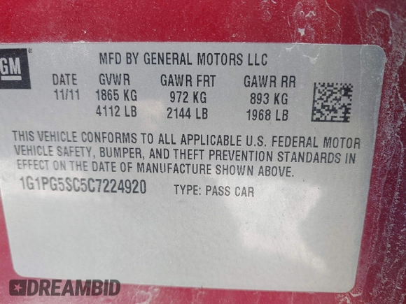 2012 Chevrolet Cruze 2LT with VIN 1G1PG5SC5C7224920, listed as a IAAI auction lot 42154972 with 181,033 mi miles and . Bid and sale history available at DreamBid. Image 9.
