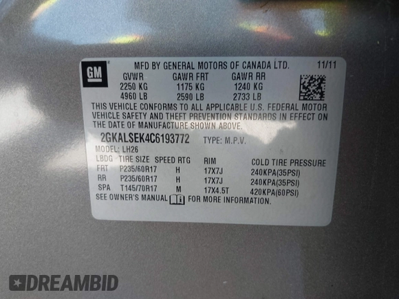 2012 GMC Terrain SLE-2 with VIN 2GKALSEK4C6193772, listed as a IAAI auction lot 42210554 with 240,389 mi miles and . Bid and sale history available at DreamBid. Image 9.