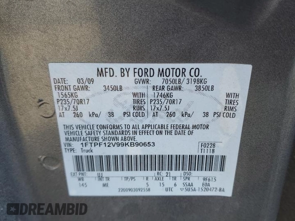 2009 Ford F-150 XL with VIN 1FTPF12V99KB90653, listed as a Copart auction lot 89313145 with 112,495 mi miles and Salvage Title. Bid and sale history available at carsss.com. Image 15.