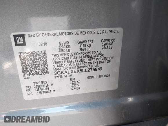2020 GMC Terrain Denali with VIN 3GKALXEX5LL275949, listed as a IAAI auction lot 42762067 with 48,138 mi miles and . Bid and sale history available at DreamBid. Image 9.