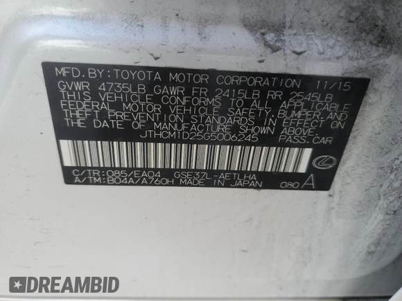 2016 Lexus IS 300/350 with VIN JTHCM1D25G5006245, listed as a Copart auction lot 85319374 with 93,258 mi miles and Salvage title. Bid and sale history available at DreamBid. Image 14.