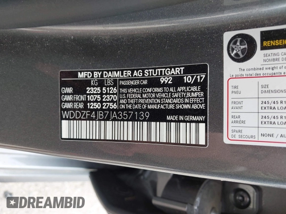 2018 Mercedes-Benz E 300 with VIN WDDZF4JB7JA357139, listed as a IAAI auction lot 42065511 with 54,812 mi miles and . Bid and sale history available at DreamBid. Image 9.
