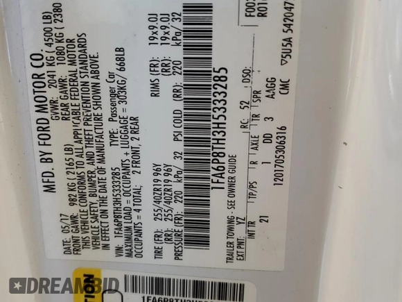 2017 Ford Mustang EcoBoost with VIN 1FA6P8TH3H5333285, listed as a Copart auction lot 52139745 with 66,733 mi miles and Salvage title. Bid and sale history available at DreamBid. Image 13.