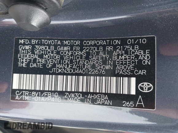 2010 Toyota Prius II with VIN JTDKN3DU4A0122676, listed as a IAAI auction lot 42040877 with 201,271 mi miles. Bid and sale history available at carsss.com. Image 9.