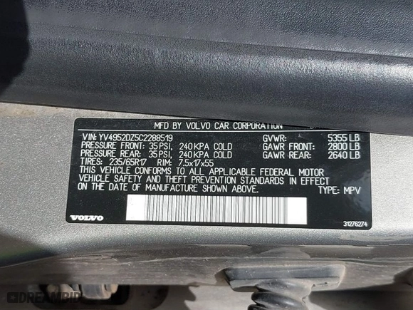 2012 Volvo XC60 3.2L with VIN YV4952DZ5C2288519, listed as a IAAI auction lot 41868577 with 120,601 mi miles. Bid and sale history available at carsss.com. Image 9.