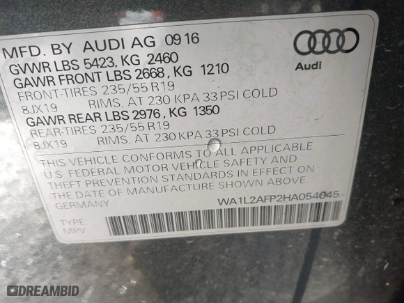 2017 Audi Q5 Premium Plus with VIN WA1L2AFP2HA054045, listed as a IAAI auction lot 41483729 with 70,938 mi miles. Bid and sale history available at carsss.com. Image 9.