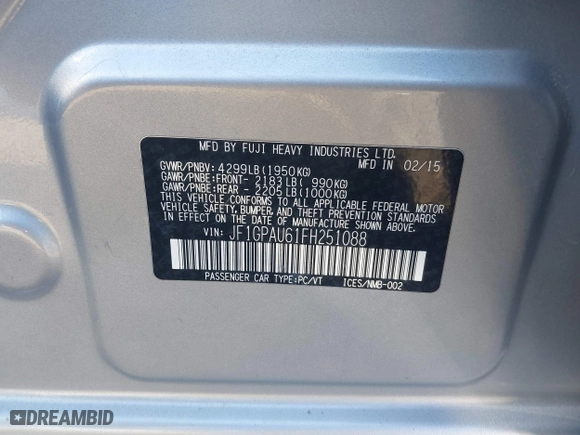 2015 Subaru Impreza Wagon 2.0i Sport Limited with VIN JF1GPAU61FH251088, listed as a IAAI auction lot 40538003 with 88,067 mi miles. Bid and sale history available at carsss.com. Image 9.