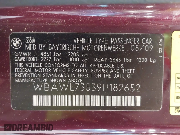 2009 BMW 3 Series 335i с VIN WBAWL73539P182652, выставлен на аукционе IAAI как лот 42333160 с пробегом 110 371 миль миль и . История ставок и продаж доступна на DreamBid. Изображение 9.