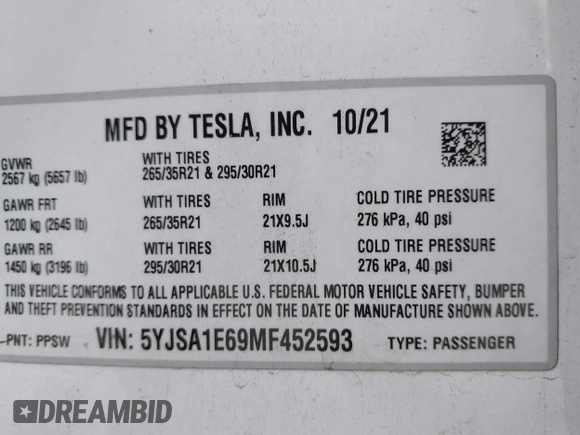 2021 Tesla Model S Plaid with VIN 5YJSA1E69MF452593, listed as a IAAI auction lot 41639406 with 1 mi miles. Bid and sale history available at carsss.com. Image 9.