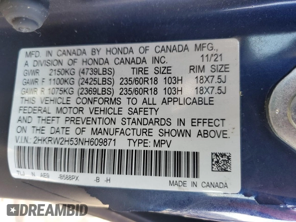 2022 Honda CR-V EX z VIN 2HKRW2H53NH609871, wystawiony jako Copart lot #53911295 z przebiegiem 55 024 mil mil oraz Szkoda całkowita • Salvage title. Historia ofert i sprzedaży dostępna na DreamBid. Obrazek 14.