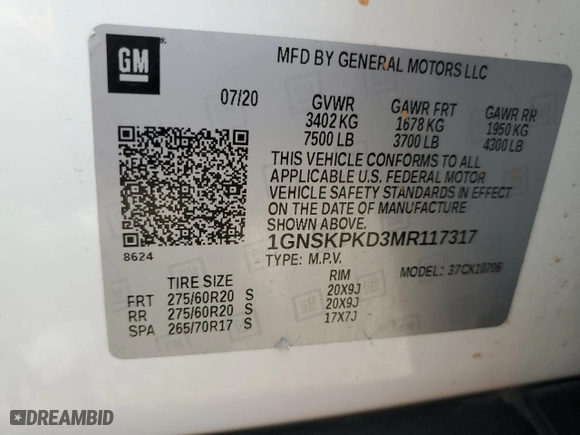 2021 Chevrolet Tahoe Z71 with VIN 1GNSKPKD3MR117317, listed as a Copart auction lot 49102285 with 130,976 mi miles and Salvage Title. Bid and sale history available at carsss.com. Image 13.