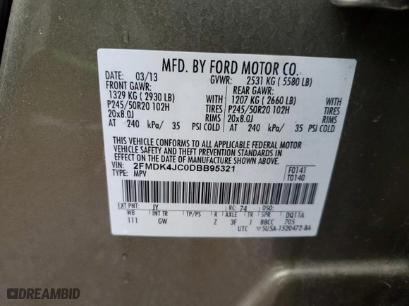 2013 Ford Edge SEL with VIN 2FMDK4JC0DBB95321, listed as a Copart auction lot 50013325 with 95,187 mi miles and Salvage Title. Bid and sale history available at carsss.com. Image 12.