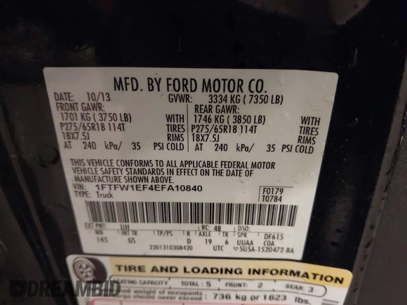 2014 Ford F-150 XL with VIN 1FTFW1EF4EFA10840, listed as a IAAI auction lot 42296253 with 121,769 mi miles and . Bid and sale history available at DreamBid. Image 9.