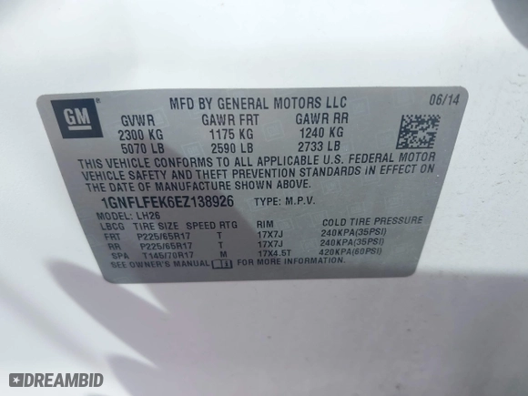 2014 Chevrolet Equinox LT with VIN 1GNFLFEK6EZ138926, listed as a IAAI auction lot 41945537 with 120,803 mi miles. Bid and sale history available at carsss.com. Image 9.