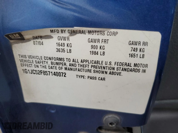 2005 Chevrolet Cavalier with VIN 1G1JC52F857140072, listed as a Copart auction lot 73124994 with 160,674 mi miles and Salvage Title. Bid and sale history available at DreamBid. Image 12.