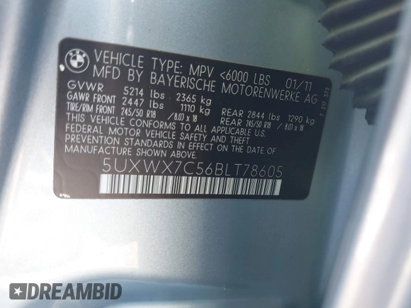 2011 BMW X3 35i with VIN 5UXWX7C56BLT78605, listed as a IAAI auction lot 41970898 with 133,781 mi miles and . Bid and sale history available at DreamBid. Image 9.