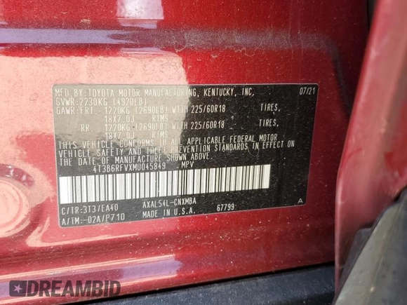 2021 Toyota RAV4 Hybrid LE with VIN 4T3B6RFVXMU045849, listed as a Copart auction lot 50986175 with 55,546 mi miles and Salvage Title. Bid and sale history available at carsss.com. Image 14.