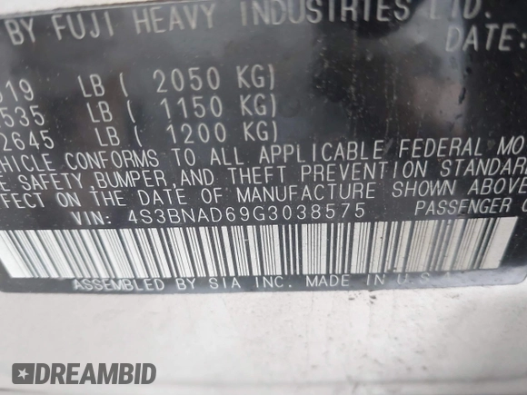 2016 Subaru Legacy Premium with VIN 4S3BNAD69G3038575, listed as a IAAI auction lot 42311344 with 156,520 mi miles and . Bid and sale history available at DreamBid. Image 9.