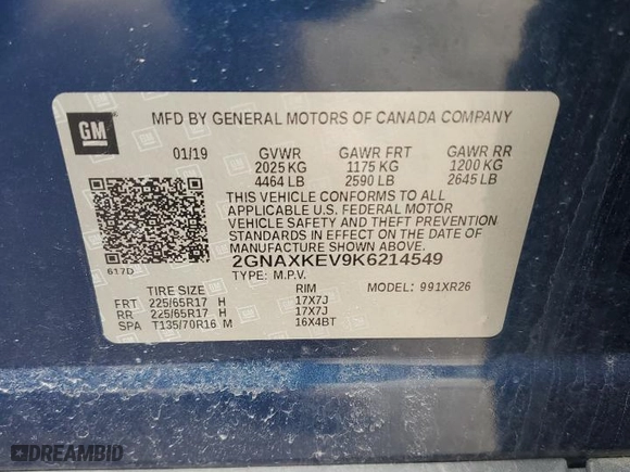 2019 Chevrolet Equinox LT with VIN 2GNAXKEV9K6214549, listed as a Copart auction lot 53817885 with 72,875 mi miles and Salvage Title. Bid and sale history available at carsss.com. Image 13.