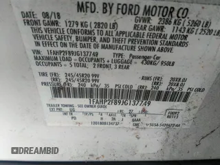 2018 Ford Taurus Limited with VIN 1FAHP2F89JG137749, listed as a IAAI auction lot 41356308 with 134,704 mi miles and . Bid and sale history available at DreamBid. Image 9.